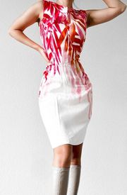 White Pink Floral Cocktail Knee Length Bodycon Sheath Dress Size M