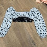 Privacy Please Women's Black & White Polka Dot Floral Long Sleeve Crop Top Small