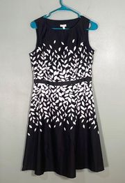 Talbots Petites 100% Cotton Fit & Flare Dress Black White Petal Print size 10p