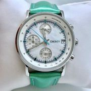 DKNY women date watch 36mm solid stainless steel NY-4930 MOP dial leather runs