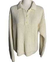 Vintage 90s Oversized Loose Knit Sweater S Cream Buttons Collar Pullover Slouchy