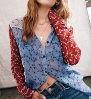 Rag & Bone Wyatt Patchwork Button Down Shirt Blue Red Top Blouse Women’s Size XS