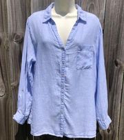 C&C California Anthropologie Linen Top Large Blue Button Down Up Shirt Blouse