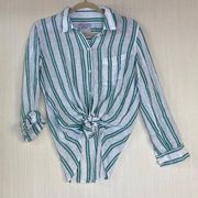 Rails Women's Shirt Sz S White Green Striped Button Up Linen Blend Blouse Top