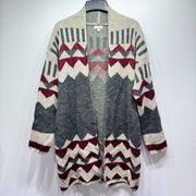 Debut Tan Gray Maroon Aztec Geo Print Open Front Long Cardigan Size Small