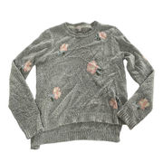Xhilaration Sweater Womens Small Grey Pink Floral Crew Neck Long Sleeve Cotton