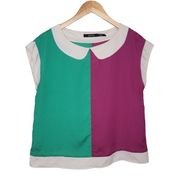 ark & co Magenta Green Colorblock Cap Sleeve Blouse Faux Collar Large