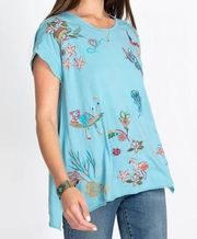 Johnny Was NWT Bohemian Embroidered Short Sleeve Tee Shirt Blue Green Size XS