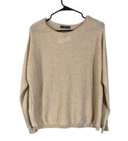 Mango Beige Metallic Long Sleeve Cotton Blend Crew Neck Knit Sweater Women Sz S