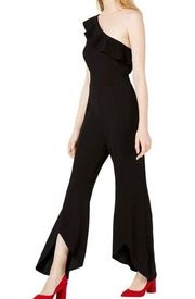 Bar III Midnight Bloom One Shoulder Ruffle Trim Slit Flare Jumpsuit