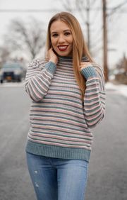 Long Sleeve Striped Multi Knit Turtleneck Sweater - Gray/Pink Small