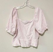 Draper James Womens Top Size L Pink Gingham Smocked Square Neck Linen Preppy