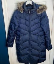 Lands End Women’s Blue Down Hooded Parka Long Coat Sz M