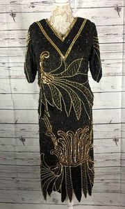 NWT Vintage silk sequenced, beaded black & gold top & matching skirt size large