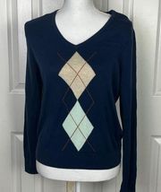 Lands'End  Argyle Navy Blue V Neck Sweater