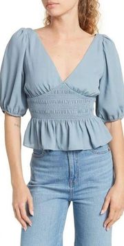 NWT Wayf Blue Puff Sleeve Smocked Peplum Crop Top Medium