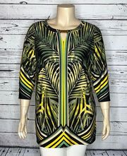 Ashley Stewart Size 18/20 Black & Green Tropical Print Cut-Out Tunic Blouse Top