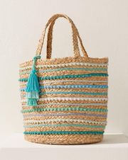 Chico’s Striped Jute Straw Woven Pom Pom Beach Bag Tote Purse