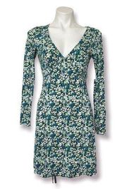 BP Floral Knit long Sleeve Mini Shift Dress Aqua Blue Green XSMALL