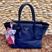 PRADA Navy Blue Leather and Suede Double Pocket Tote Bag with COA. EUC!