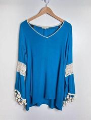 Solitaire Swim Cover Up Womens Beachy Blue Pompom V Neck Long Sleeve Size Large