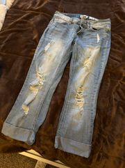 Indigo Rain Crop Women's Medium Wash Ripped Distressed Denim Jeans 