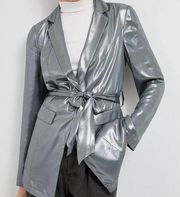 Anthropologie Zada Metallic Blazer 2P Silver Dark Green Belted Holiday NYE