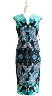 New York & Company Dress Black Blue Paisley Floral Cap Sleeve Sheath Midi Small