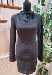 HYFVE Women's Black Polyester Long Sleeve Knit Choker Style Knee Length Dress M