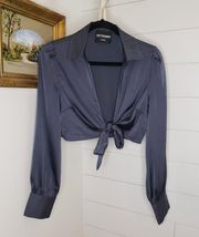 Kittenish Destin Blue Satin Tie Front Long Sleeve Crop Top Medium