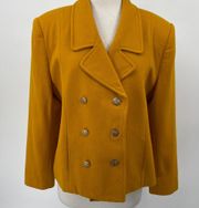 Vintage Wool Double Breasted Blazer Gold Crest Buttons Mustard Yellow Womens 16