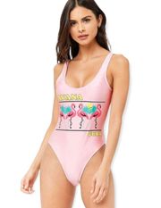 Forever 21 Pink Sheen Scoop Havana Graphic One Piece Cheeky Swimsuit Size Small