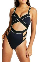 River Island Cutout Scuba One Piece Swimsuit Black/Lime  Size US4 NWT