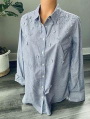 A New Day Blue Striped Floral Appliqué Button Up Shirt L Stretch B3