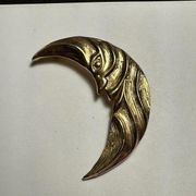 Crescent Moon Face Gold Tone Brooch Pin