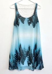 BEBE Blue Black White Feather Print Crochet Trim Sleeveless Mini Shift Dress XS