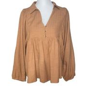 In Loom Oversized Tunic Peasant Top. Size L. V Neck. Puff Sleeves. Brown Boho