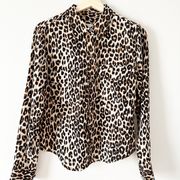Femme Slim Signature Leopard Printed Button Down Silk Shirt Medium