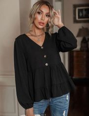 SheIn Half Button Ruffle Hem Smock Blouse