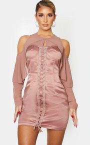 Pretty Little Thing NWT  Mauve Satin Mesh Lace Up Dress Size 4