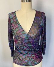 Karen Kane Sheer Mesh Surplice Overlay Top Colorful Abstract Snake