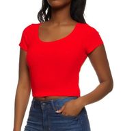 Olivia Rae Short Sleeve Ribbed Cropped T-Shirt Scoopneck Bright Red Size L