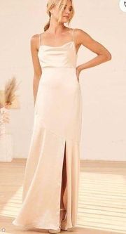 Lulus Lulu’s Ivory Moment In The Spotlight Champagne Satin Cowl Neck Maxi Dress Size M