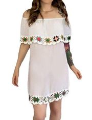 Beach By Exist White Crochet Off Shoulder Peasant Boho Shear Cover Up Dress S/M