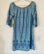 St. John's Bay Dress Midi Length Womens Size Small Blue Embroidered Bell Sleeve