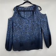 TAHARI Top Floral Print Blouse Blue/Black Tassel Ties Cold Shoulder Shirt large