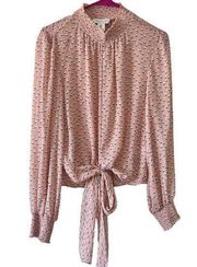 Rachel Zoe Pink Heart Print Mock Neck Long Sleeve Tie Front Blouse Size Small