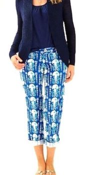 Lilly Pulitzer 100% Cotton Indigo Blue Get in Line Cocoanut Crop Pants