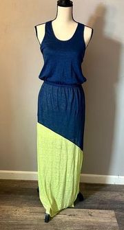 C&C California Colorblock Maxi Dress 100% Linen Racerback Navy Blue Lime Green