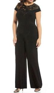 NWT Adrianna Papell Black Cap Sleeve Illusion Sequined Wide leg Jumpsuit size 18